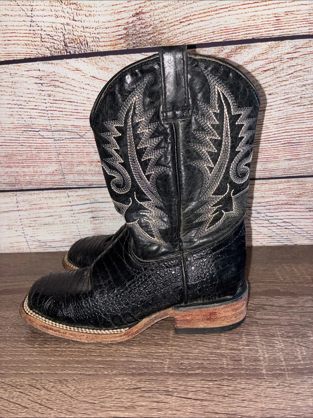 Pre Owned Rock'Em Kids Black Exotic-Print Western Boots Square Toe 13